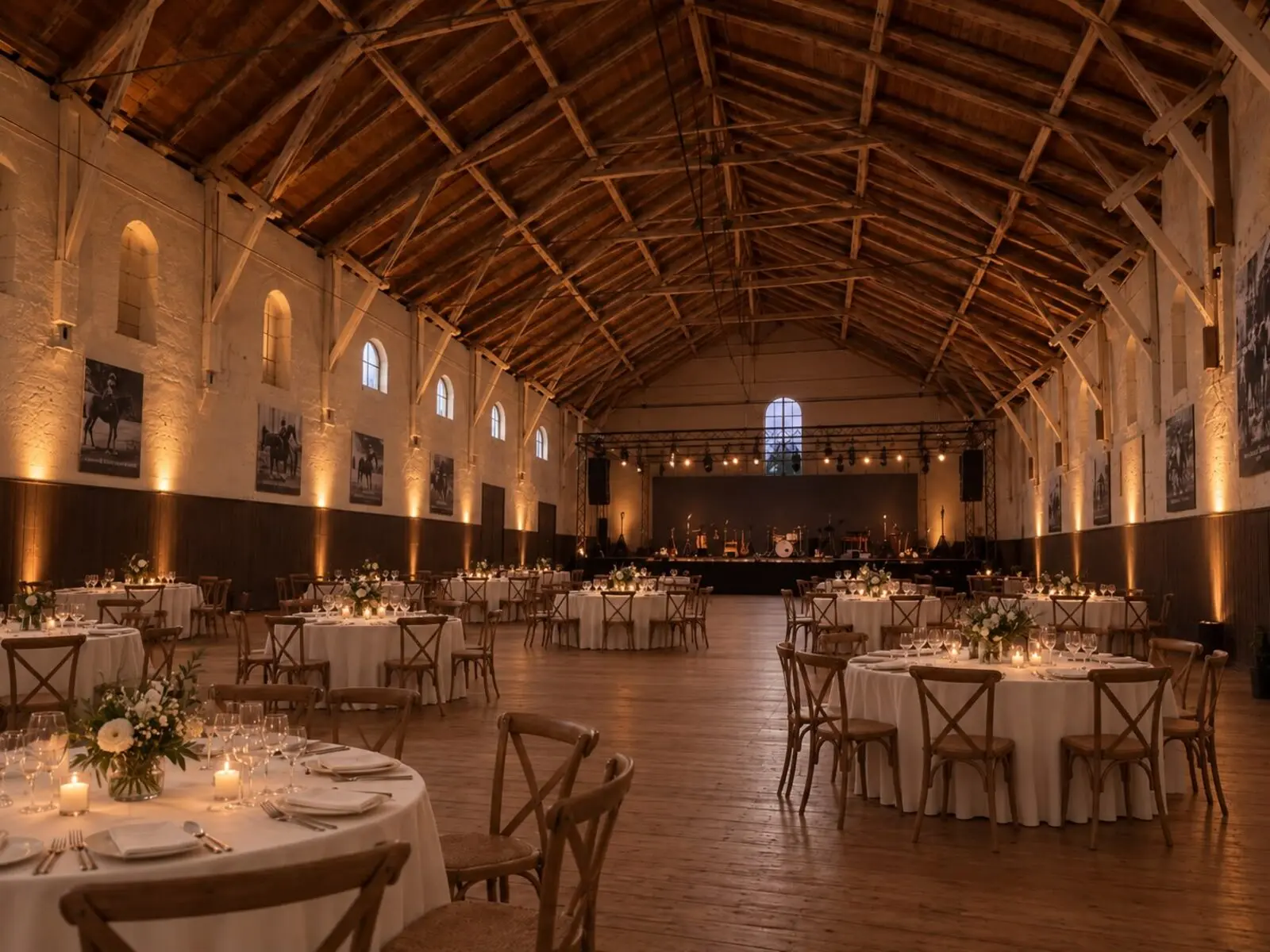 Visualisierung der Alten Reithalle mit runden Hochzeitstafeln und Crossback-Holzstühlen auf Holzboden, Bühne im Hintergrund