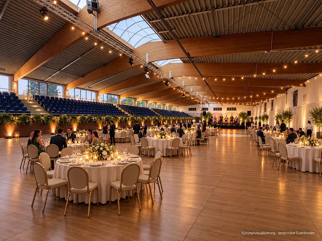 Konzeptvisualisierung: Hochzeitsdinner an runden Tafeln auf Eventboden in der Fritz-Thiedemann-Halle Elmshorn, Lichterketten unter dem Holzdach