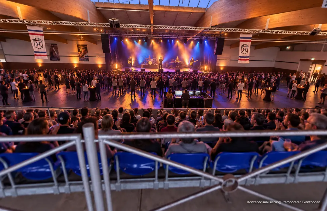 Konzeptvisualisierung: Party mit Liveband und Bühnenlicht in der Fritz-Thiedemann-Halle Elmshorn