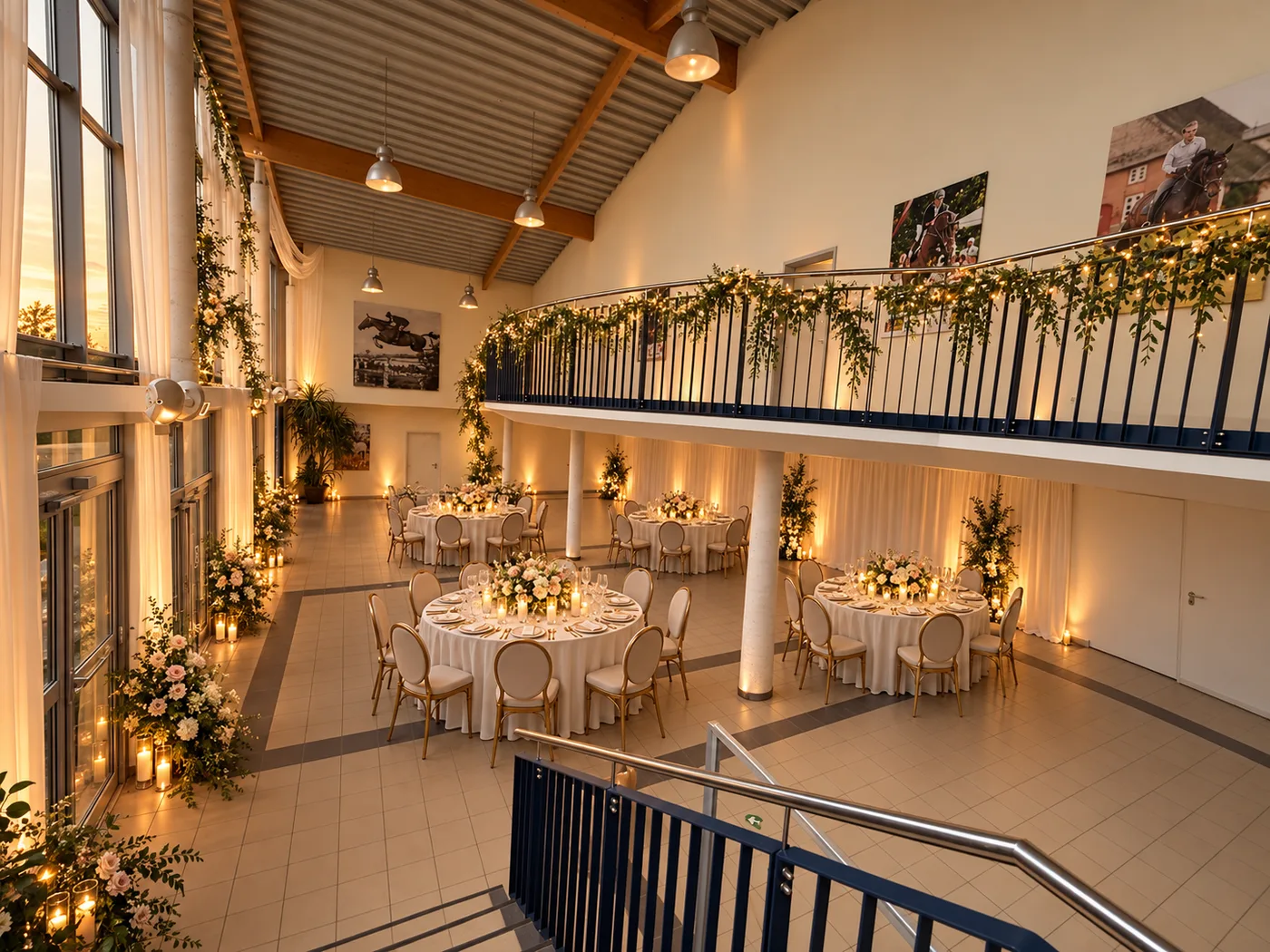 Visualisierung: Hochzeitsdinner an runden Tafeln im Foyer der Verbandsanlage Elmshorn mit Galerie und Glasfassade