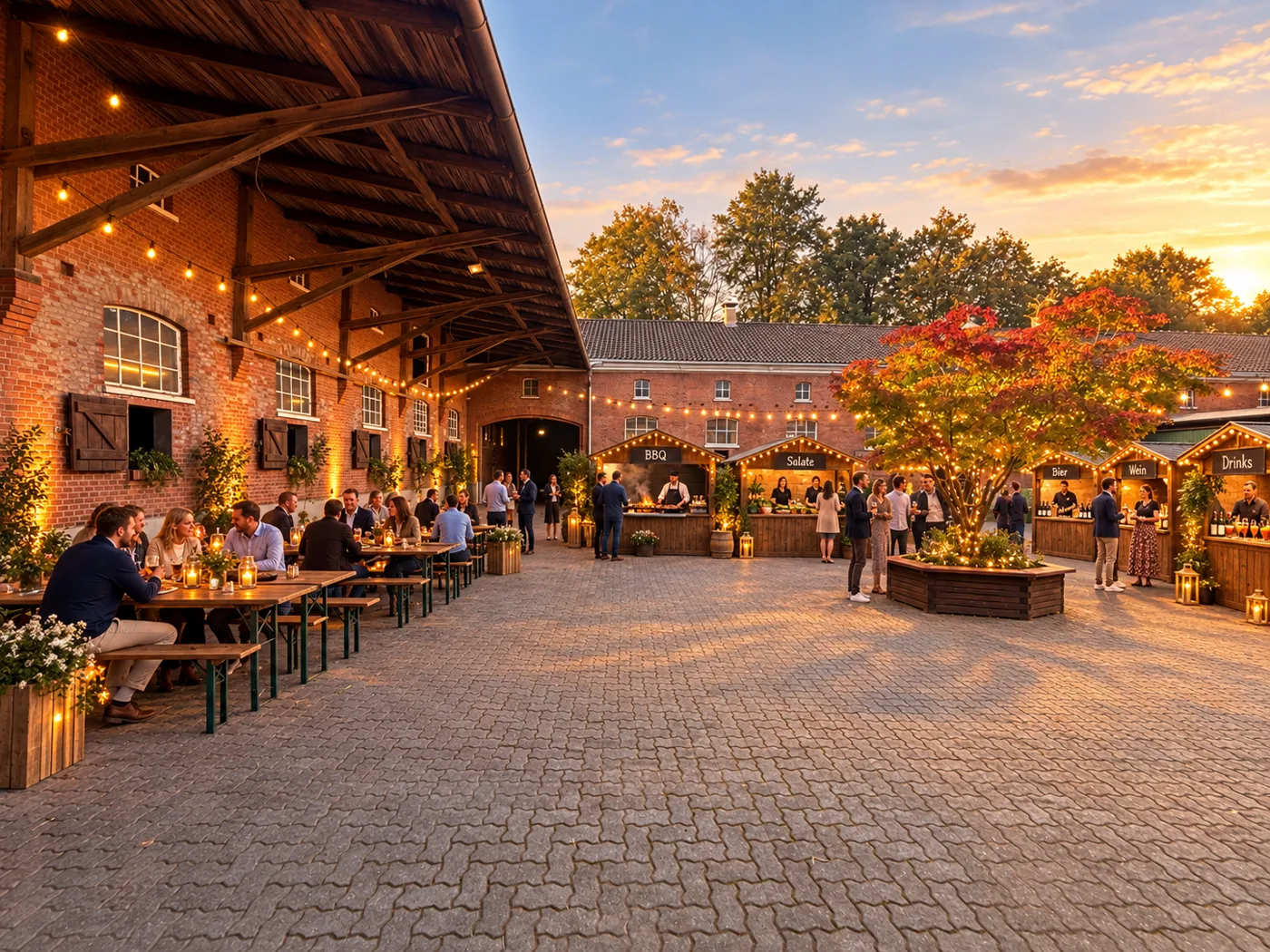 Visualisierung: Grillabend mit BBQ-, Salat-, Bier- und Weinbuden im abendlichen Innenhof der alten Kutscher-Fahrschule, Gäste unter dem überdachten Vordach