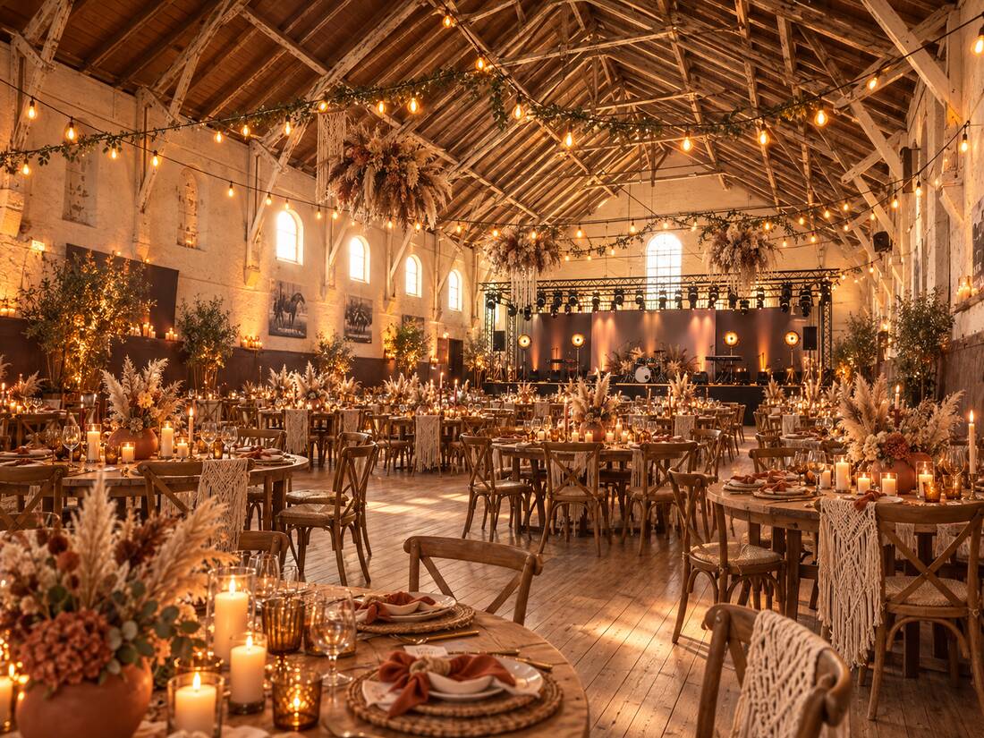 Boho-Hochzeit mit Pampasgras, Holztischen und warmem Licht in der historischen Reithalle Elmshorn