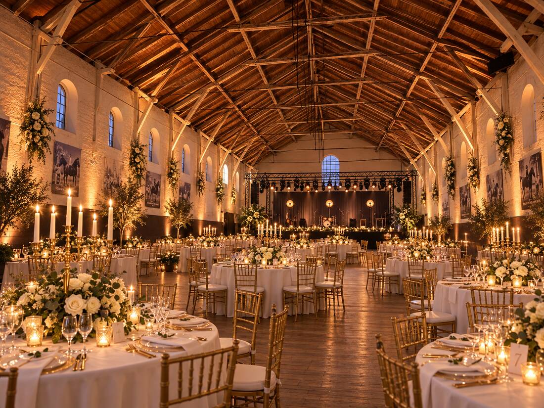 Klassisch-elegante Hochzeit mit goldenen Chiavari-Stühlen und Kerzenleuchtern in der Reithalle Elmshorn