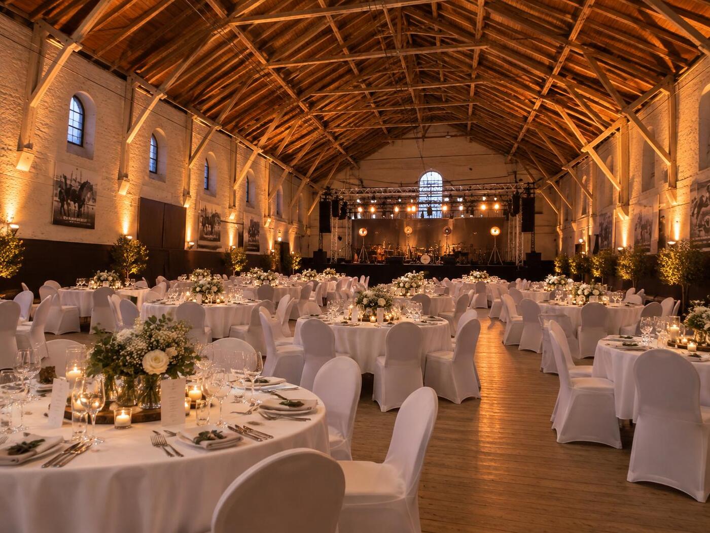 Hochzeitstafeln mit weißen Stuhlhussen und Kerzenlicht in der Alten Reithalle des Holsteiner Verbandes in Elmshorn